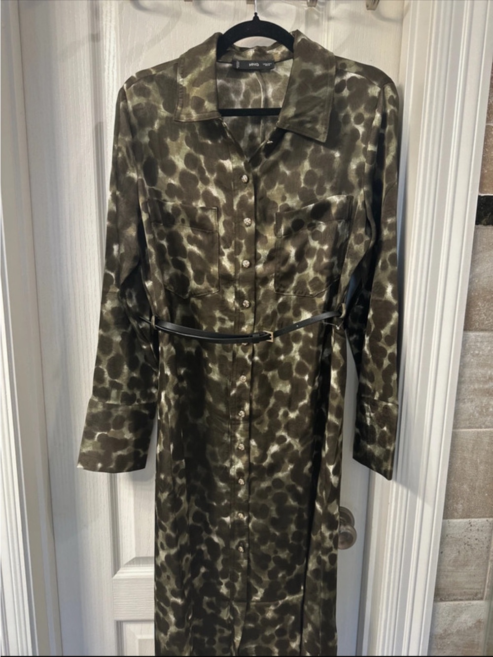 Mango Olive Green Animal Print Long Sleeve Shirt Dress with Belt